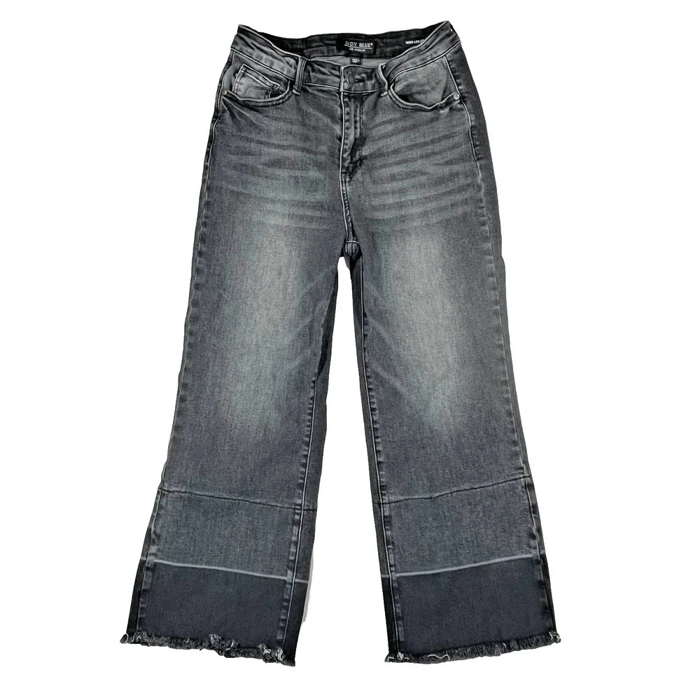 Judy Blue Wide Leg Crop Jeans Womens 5/27 (Fits 27x24) Grey Colorblock Raw Hem